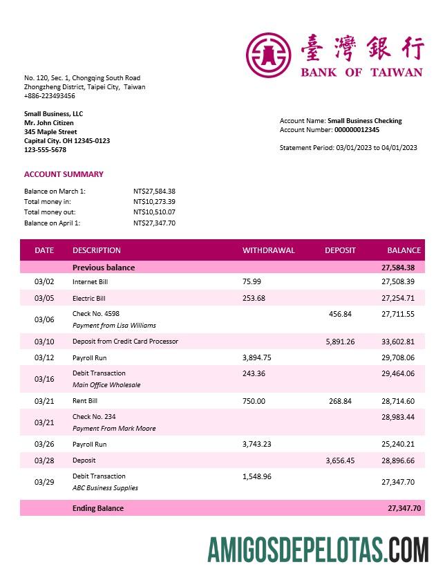 Em branco Banco da empresa de Taiwan Extrato de conta corrente modelo Word e PDF